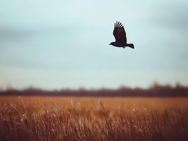 Photo bird flying high above open fields symbolizing freedom