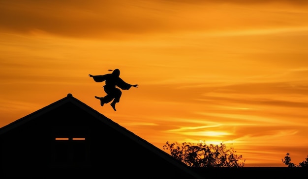 a bird flying over a house with a sunset in the background