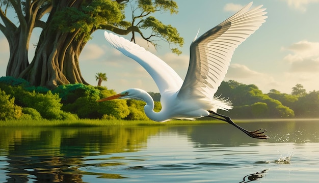 a bird flying over a lake with trees in the background