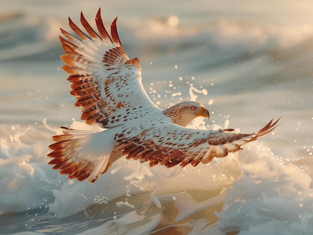 a bird flying over the ocean with the water splashing around it