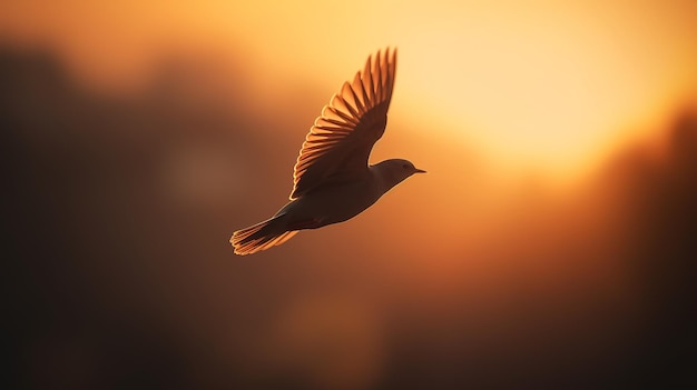 A bird flying in the sunset with the sun shining on its wings.