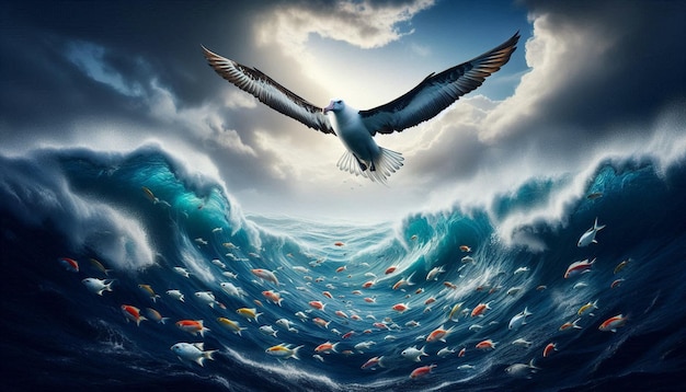 a bird flying over a wave that has fish in it