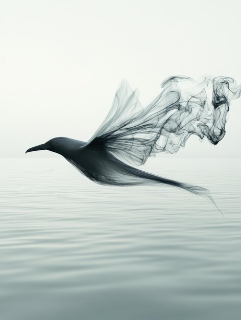 Photo a bird gracefully flying over calm waters blending with ethereal smoke creating a tranquil and artistic scene