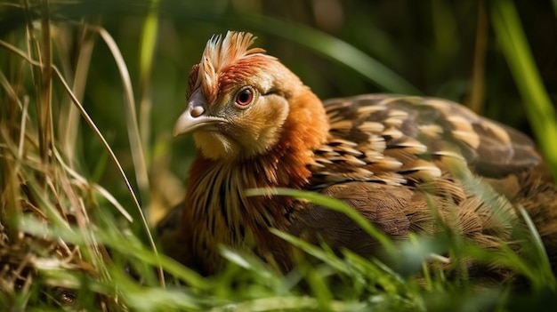 A bird in the grass with a red beak