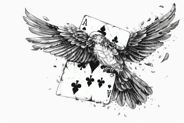 A bird holds a playing card in its beak