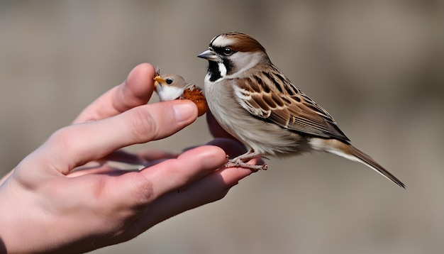 a bird is being fed by someone with a bird in their hand