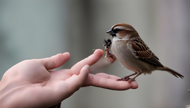 a bird is being held by someone holding a piece of food