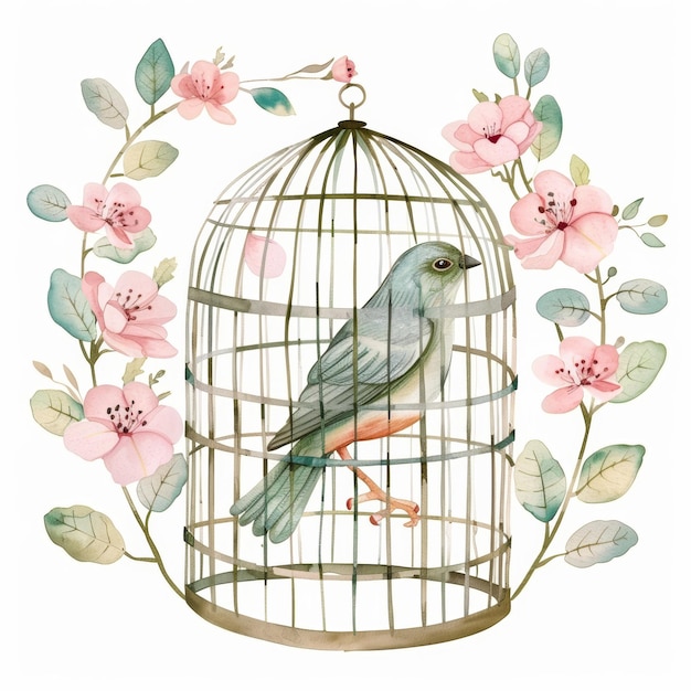 Photo a bird is in a cage with pink flowers surrounding it