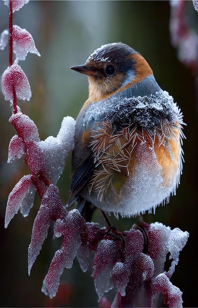 A bird is covered in snow and has frost on it.