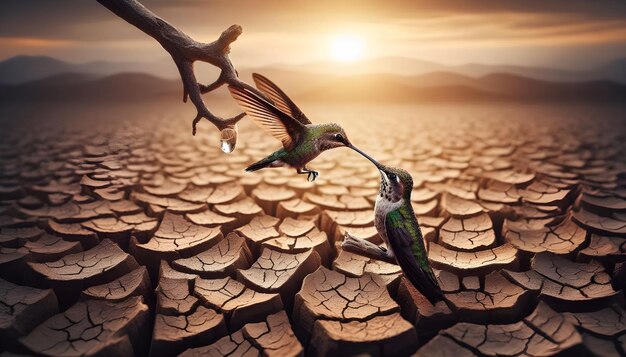 Photo a bird is drinking water from a cracked earth