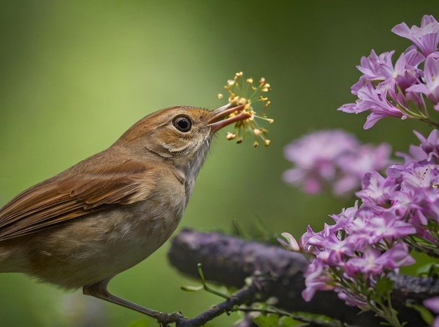 a bird is eating a flower from a bush with white flowers