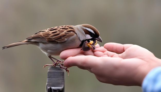 a bird is eating food from a persons hand