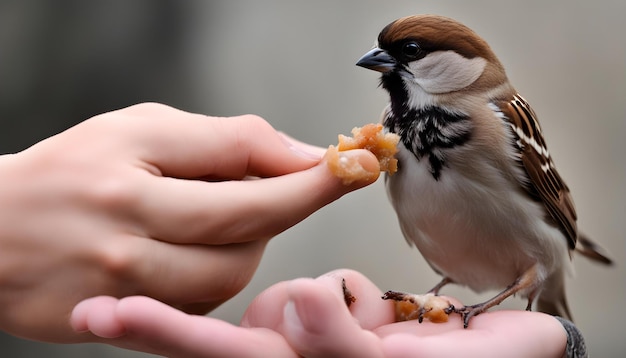 a bird is eating from someones hand and the person is holding a piece of food