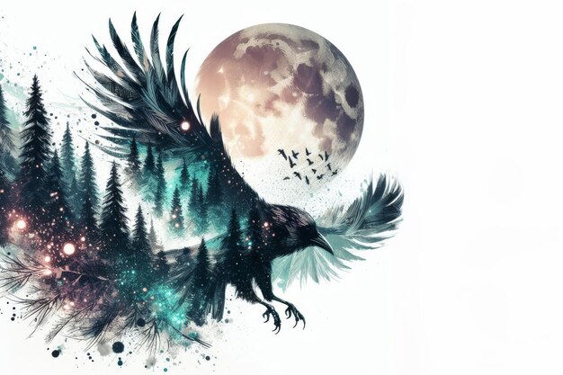 Photo a bird is flying over a forest with a full moon in the background