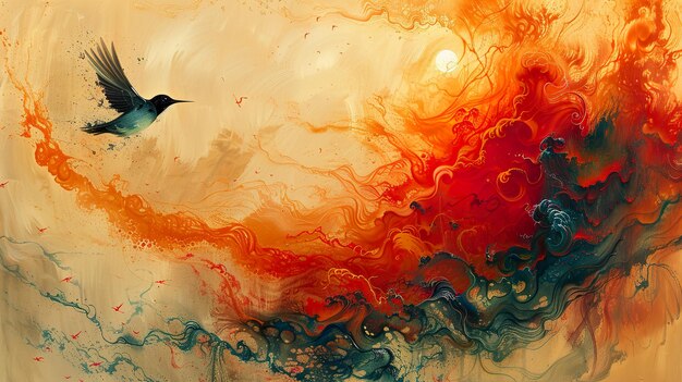 a bird is flying in the water with orange and red colors