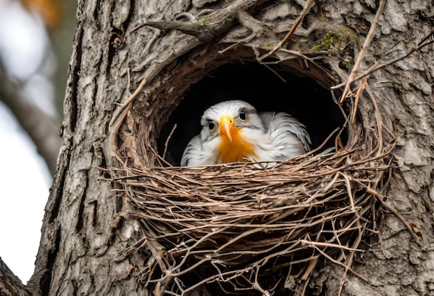 Photo a bird is in a nest with its beak open