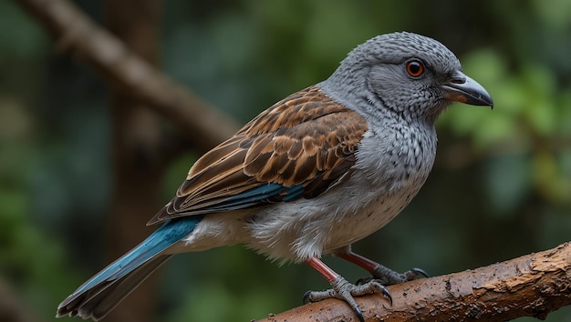 a bird is perched on a branch with a blue tail