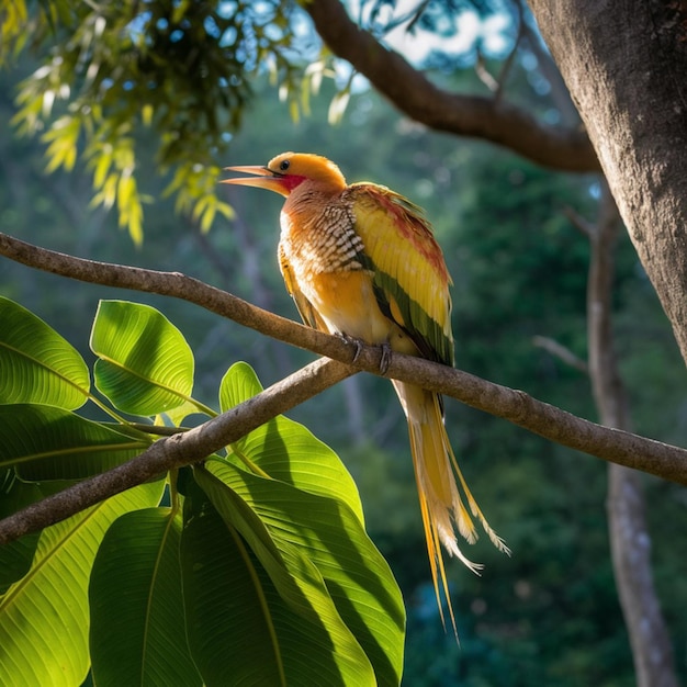 a bird is perched on a branch with a green leaf in the background