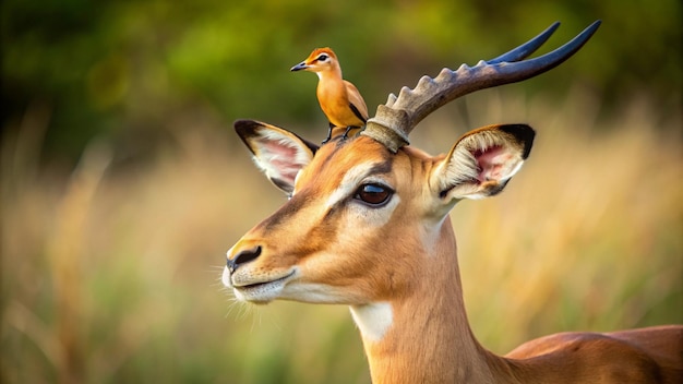 a bird is perched on a deer head and the bird is on the head