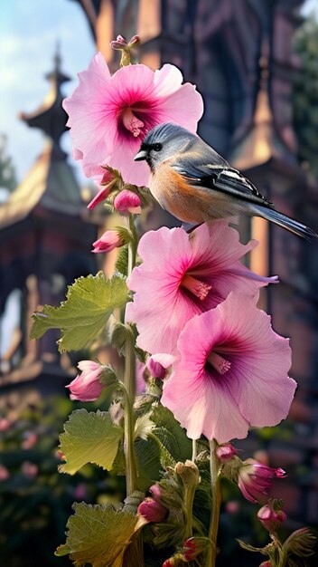 Photo a bird is perched on a flower with a blurry background