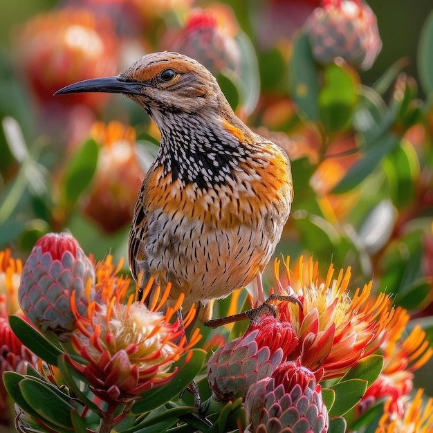 Photo a bird is perched on a plant with flowers in the background