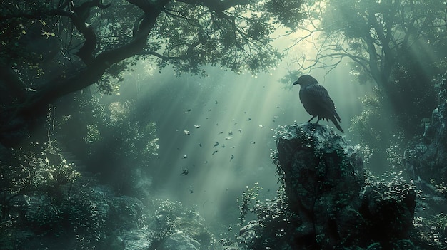 a bird is perched on a rock in the jungle