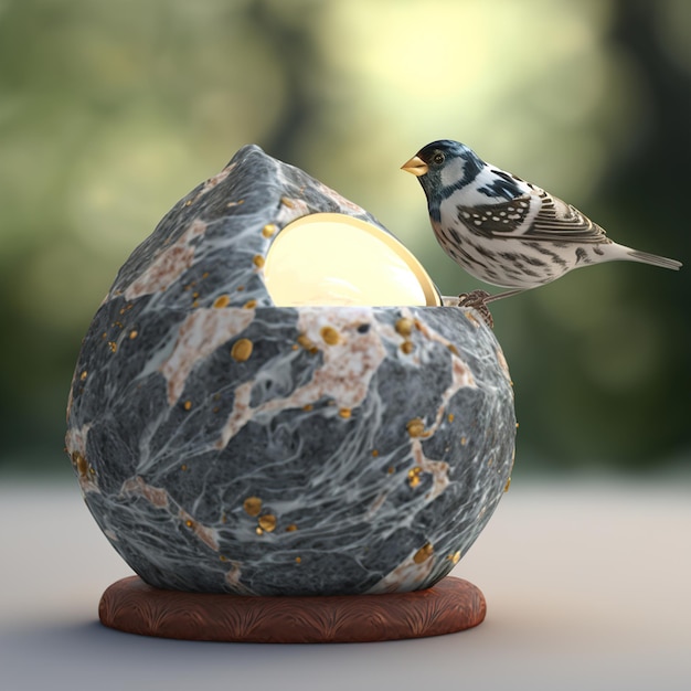 A bird is perched on a rock that has a hole in it