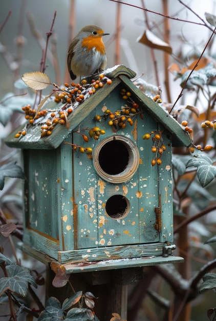 Photo a bird is perched on top of a birdhouse the birdhouse is covered in berries and leaves giving it a cozy and inviting appearance