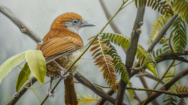 Photo a bird is perched on a tree branch with a leafy plant in the background