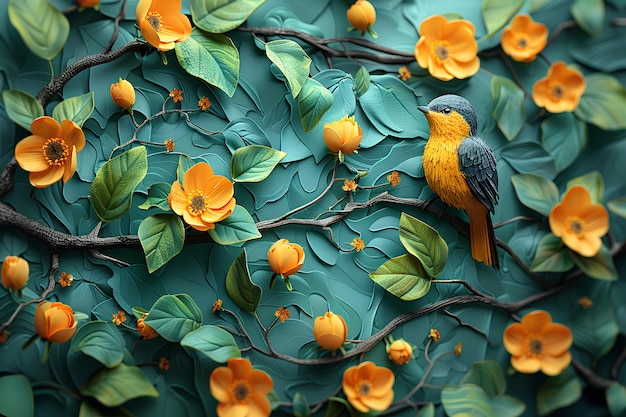 a bird is perched on a tree with orange flowers