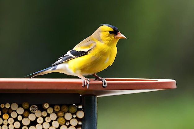 A bird is sitting on a bird feeder with a green background.