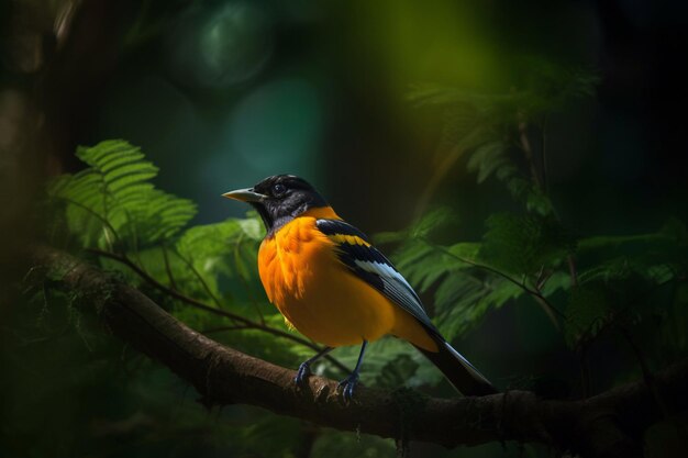 A bird is sitting on a branch in the forest.