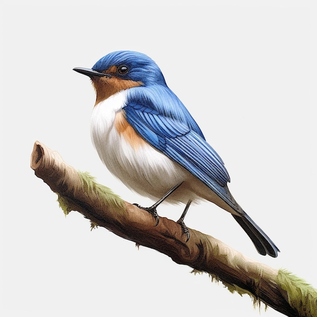 a bird is sitting on a branch with a blue and white bird on it.