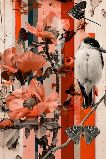 a bird is sitting on a branch with flowers and a bird in the foreground