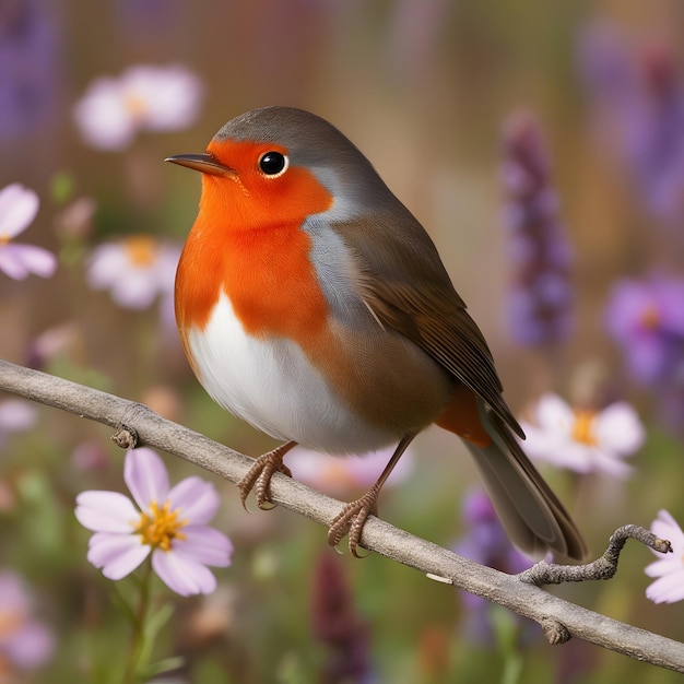 a bird is sitting on a branch with purple flowers in the background