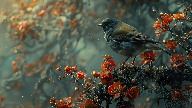 Photo a bird is sitting on a branch with red flowers