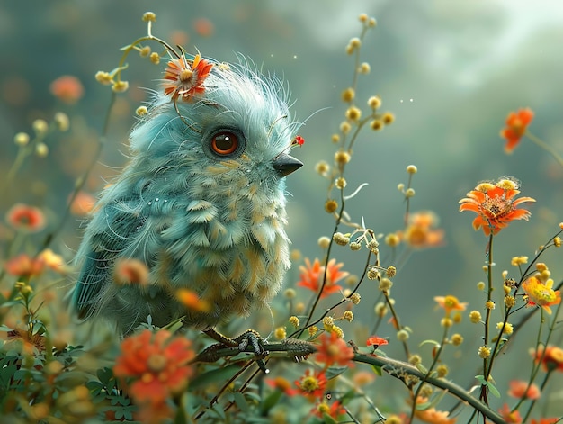 a bird is sitting in a bush with flowers in the background