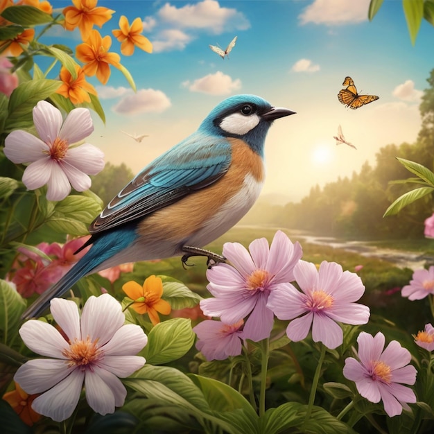 a bird is sitting on a flower with butterflies in the background