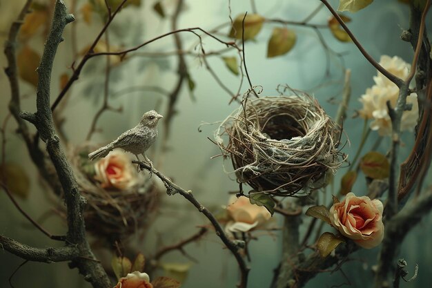 A bird is sitting in a nest with the baby bird