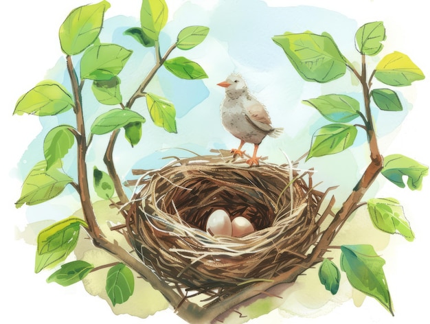 Photo a bird is sitting in a nest with a bird in it