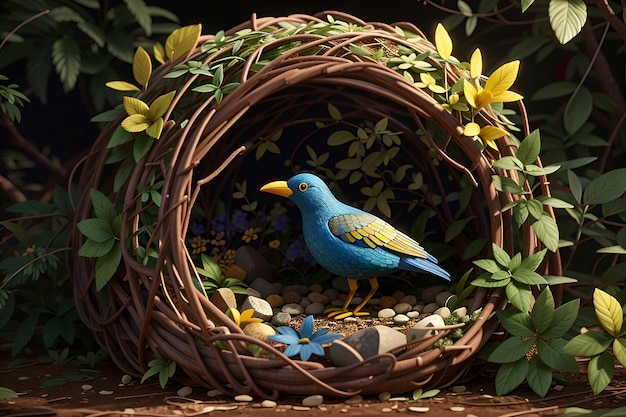 a bird is sitting in a nest with a bird in it