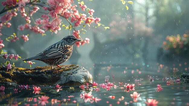 a bird is sitting on a rock with flowers in the background