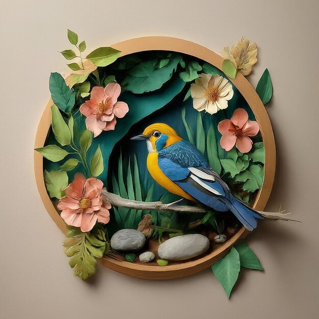 a bird is sitting on a round frame with flowers and a bird on it