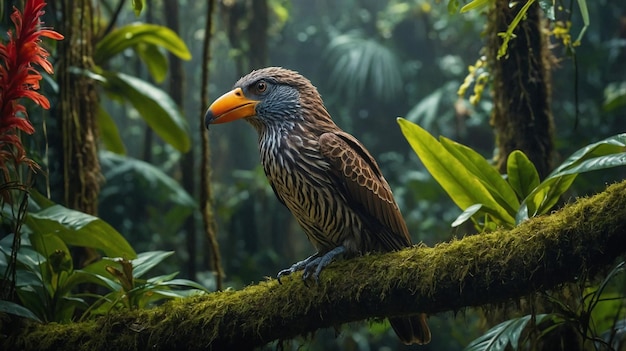 a bird is sitting on a tree branch in the jungle