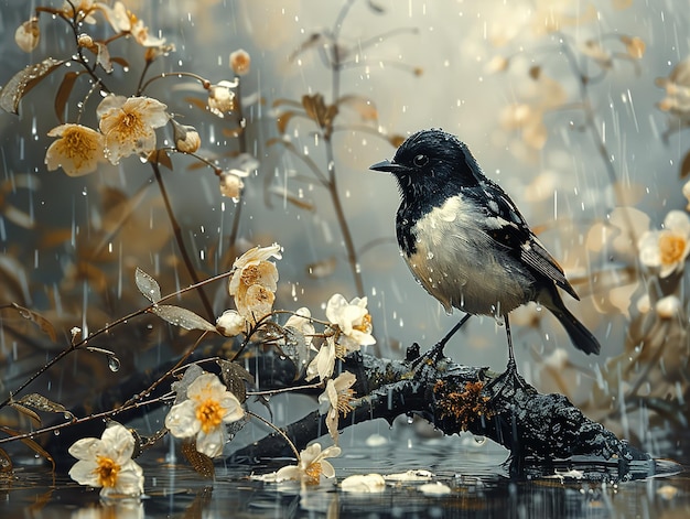 a bird is standing on a branch with flowers in the background