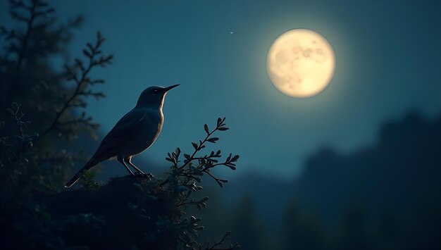 Photo a bird is standing on a branch with a full moon in the background