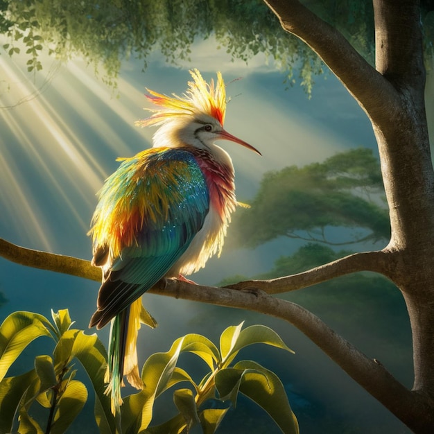 a bird is standing on a branch with the sun shining through the trees