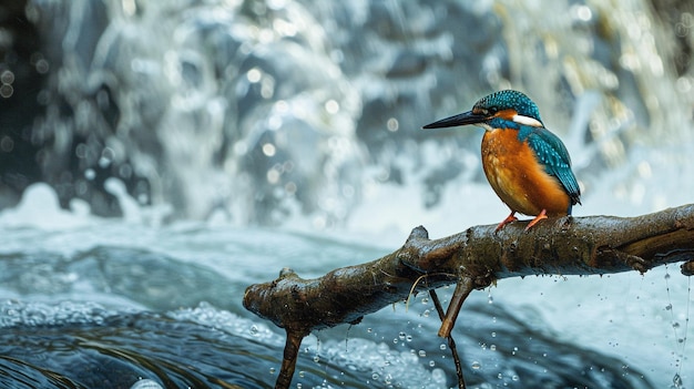 a bird is standing on a branch with water splashing around it