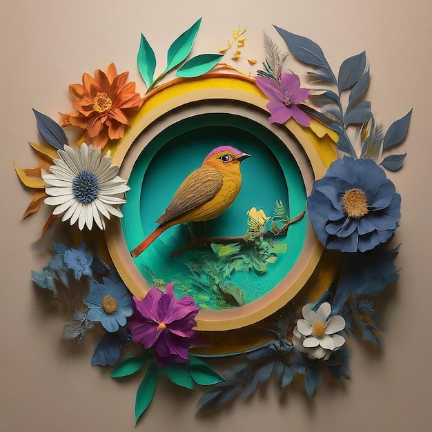 a bird is standing in a circle with flowers and a frame that says bird