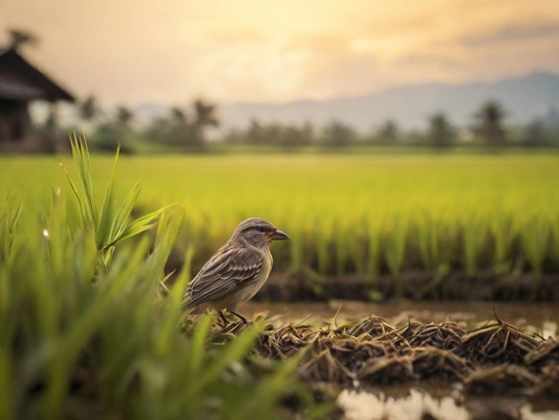 a bird is standing in a field of rice with the sun behind it